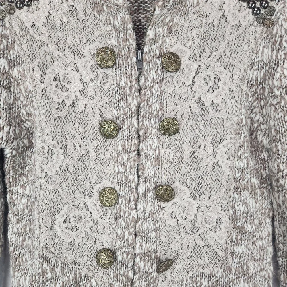 BKE Boutique Zip Up Cardigan Sweater Women's M Brown Studded Western Embellished